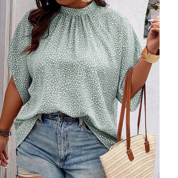 Plus Mock Neck Leopard Print Batwing Sleeve Blouse - Picture 2 of 6